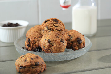 Close Up Chocolate Chip Cookies on a Plate, Served with fresh Milk