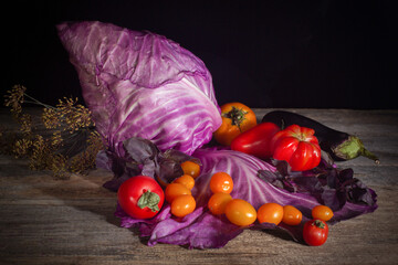 Head of red cabbage, eggplant,tomatoes, carrots, Basil-these vegetables are important in vegan And...