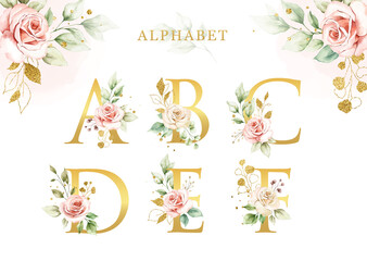 Watercolor floral alphabet set with golden leaves