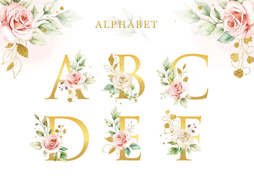 Watercolor floral alphabet set with golden leaves