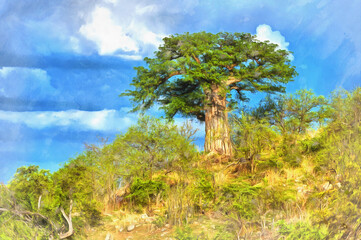 Fototapeta na wymiar Lonely tree savanna landscape colorful painting looks like picture, Tanzania, East Africa.