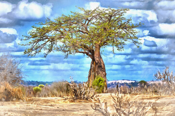 Lonely tree savanna landscape colorful painting looks like picture, Tanzania, East Africa.