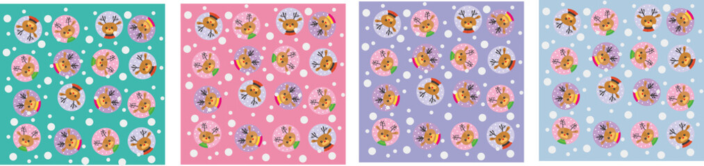 colorful background of a cute deer character that has different antlers and varied clothes on a snowy sky background