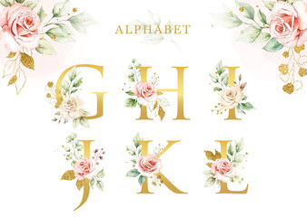 Fototapeta na wymiar Watercolor floral alphabet set with golden leaves