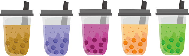 set of colorful drinks, illustration of a glass of boba drink, chocolate flavor, latte, cappuccino, coffee, blueberry, purple, green, and blue, various flavors of drinks