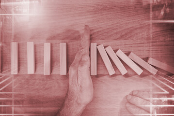 Concept of business control by stopping domino effect; multiple exposure