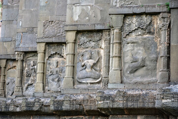 Sivasagar, India - November 2020: Relief from the facade of the Hindu temple Siva Dol on November 21, 2020. It was built during the reign of Ahom dynasty in Sivasagar, Assam, India.