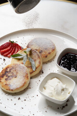 Healthy breakfast table with Crepes, blueberries