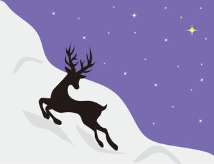 vector illustration of a black deer running up a snowy hill with a clear, starry sky