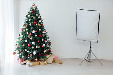 Christmas tree pine with gifts new year interior decor