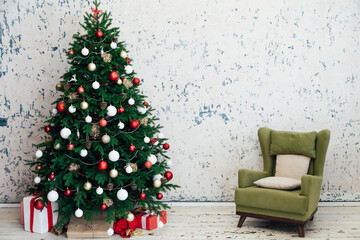 Fototapeta na wymiar Christmas tree pine with gifts new year interior decor