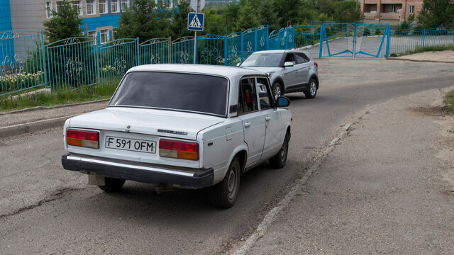 Kazakhstan, Ust-Kamenogorsk, may 17, 2020: Lada 2107 and Hyundai Creta. Cars. City street. Traffic
