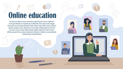 online education. Studying through the computer screen. Virtual communication during quarantine. Teacher leads a webinar for students. For web design, banner, mobile application, target page, vector