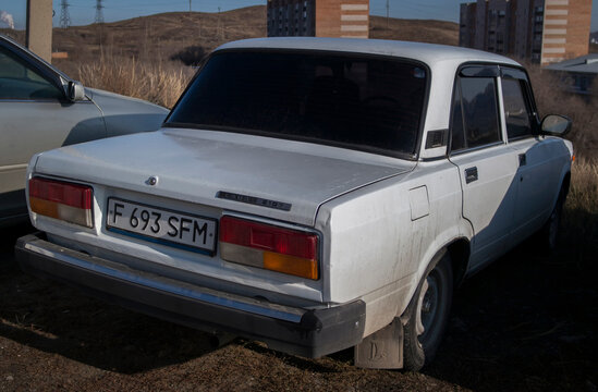 Kazakhstan, Ust-Kamenogorsk, october 31, 2020: Motor car Lada 2107 in the city street. Soviet oldtimer
