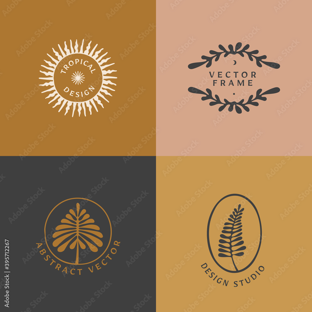 Aufkleber vector logo design template in simple minimal style with hand-drawn leaves