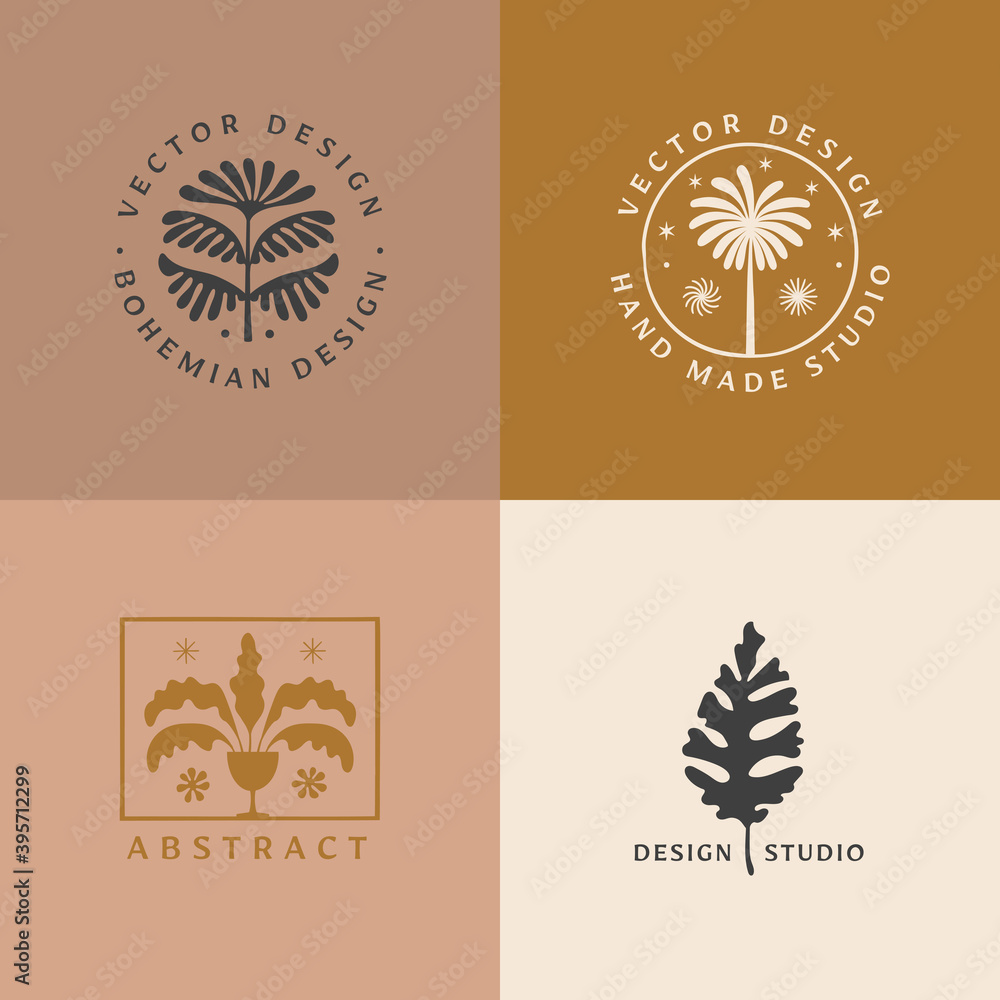 Poster Vector logo design template in simple minimal style with hand-drawn leaves