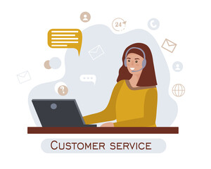 Customer service worker. A woman working remotely, with headphones and a microphone, behind a laptop. Home workspace. Business concept of remote work. Vector flat illustration