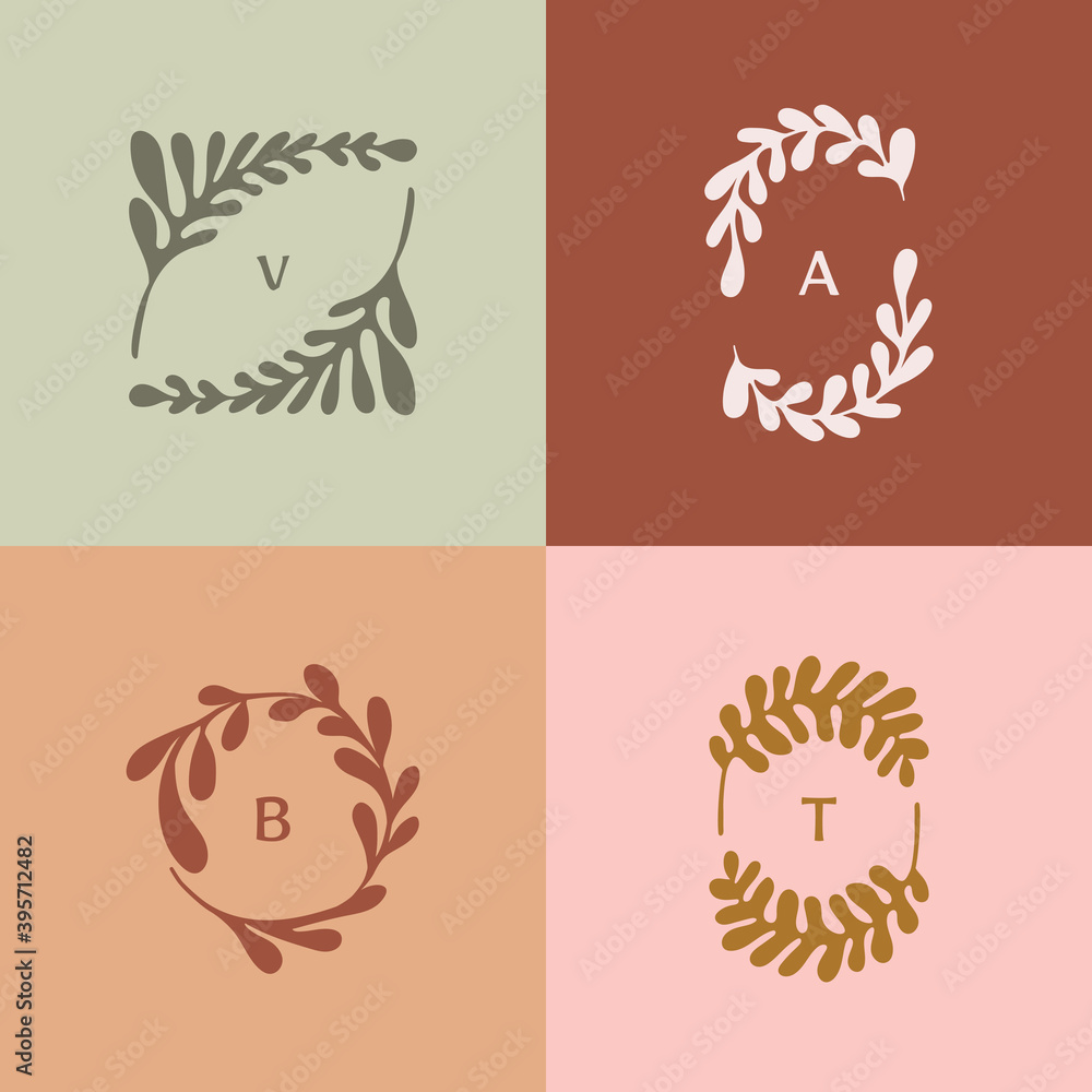 Poster vector logo design template in simple minimal style with hand-drawn leaves