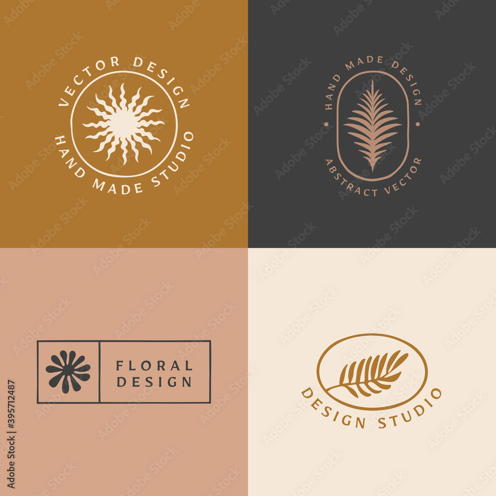 Poster vector logo design template in simple minimal style with hand-drawn leaves