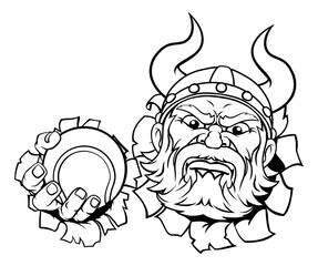 A viking tennis sports mascot cartoon character holding a ball