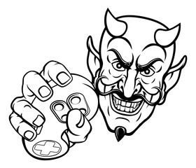 A devil or satan gamer mascot holding video game controller playing games cartoon character