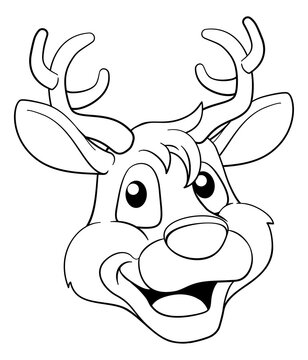 recommend clip art: A cute Christmas Santas reindeer cartoon character. In black and white outline like a coloring book page.