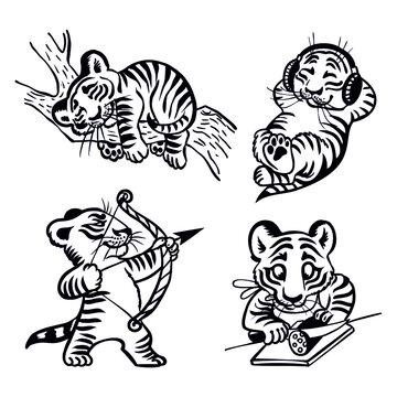 a set of sketches with tiger cubs, different, black and white