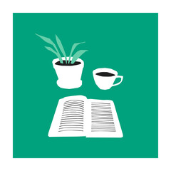 Open book, coffee cup and a plant. Cozy reading. Paper cutout stylization