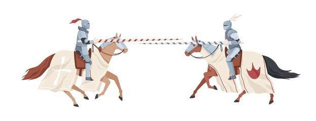 Chivalry tournament. Two medieval knights in armor on horseback fighting with spears. Warriors on horses holding lances. Flat vector illustration with fighters isolated on white background