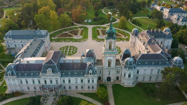 Keszthely, Hungary - 4K drone flying away from the Festetics Palace (Festetics Kastely) at autumn season. The town of Keszthely has been located in Zala county at Lake Balaton