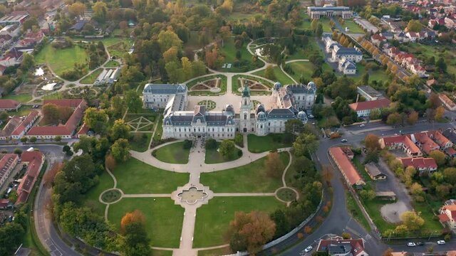 Keszthely, Hungary - 4K drone flying above the famous Festetics Palace (Festetics Kastely) at autumn season. The town of Keszthely has been located in Zala county at Lake Balaton