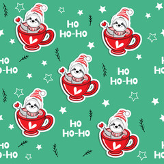 Christmas sloth in a red cup and the inscription ho ho ho. Vector illustration seamless pattern