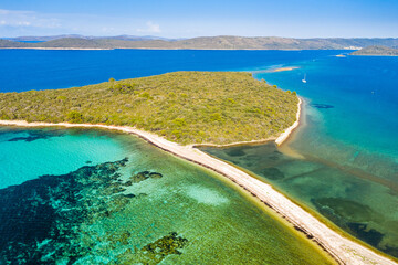 Beautiful Adriatic seascape and island of Dugi Otok in Croatia, aerial view from drone