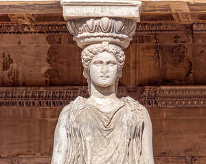 Caryatid statue closeup on original Erechtheion ancient temple, Athens Greece