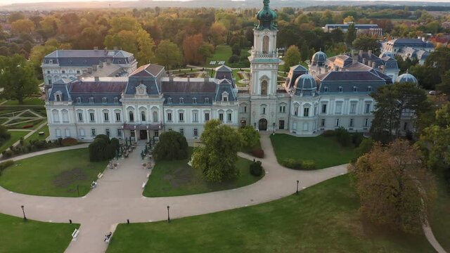 Keszthely, Hungary - 4K drone ascending at the famous Festetics Palace (Festetics Kastely) at autumn season. The town of Keszthely has been located in Zala county at Lake Balaton