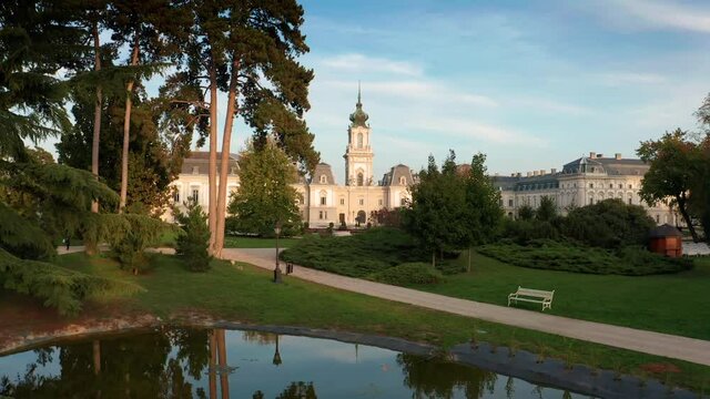 Keszthely, Hungary - 4K drone ascending at the famous Festetics Palace (Festetics Kastely) at autumn season. The town of Keszthely has been located in Zala county at Lake Balaton