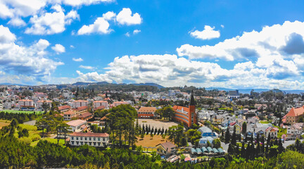 Aerial view of Da Lat Pedagogical College in the city of Da Lat , highland Da Lat city fog in the morning. © CravenA