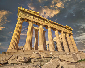 Parthenon antique temple and scenic sky on Acropolis of Athens Greece