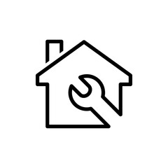 Logotipo con herramienta llave en contorno de casa con lineas en color negro