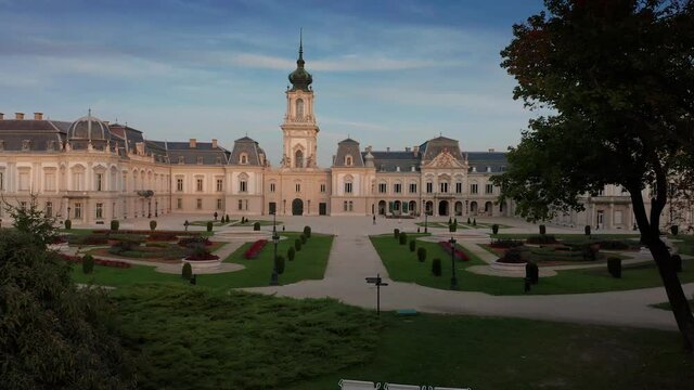 Keszthely, Hungary - 4K drone flying by the famous Festetics Palace (Festetics Kastely) at autumn season. The town of Keszthely has been located in Zala county at Lake Balaton