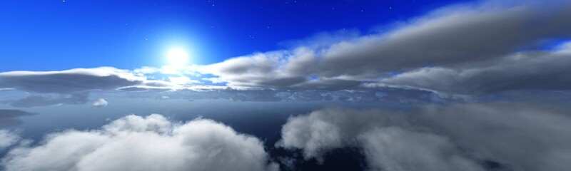 Beautiful clouds at sunrise from a height of flight, the flight of dusty clouds to the sun, 3D rendering