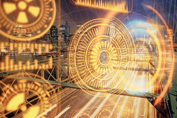 Obraz premium Double exposure of technology theme hologram and cityscape background. Concept of Hightech.