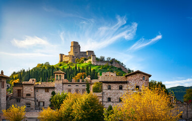 Fototapeta na wymiar Assisi town and Rocca Maggiore fortress. Perugia, Umbria, Italy.