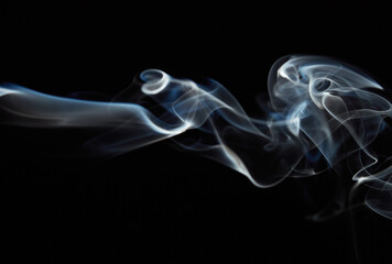 White natural steam smoke effect on solid black background with abstract blur motion wave swirl use for overlay in pollution, vapor cigarette, gas, dry ice, warm hot food, boil water smoke concepts