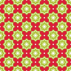Christmas abstract pattern. Seamless pattern with star cookies and snowflakes on a red background. Geometric simple festive texture. Mosaic plaid. Vector illustration. Red, White, Light Green.