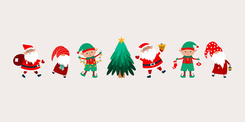 Christmas banner with Santa Claus, gnomes, Christmas tree, elves