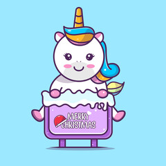 cute unicorn climbing merry christmas, vector eps 10 board