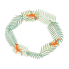 Fototapeta na wymiar Palm leaves and gecko round frame vector illustration