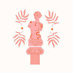 Pink marble statue of Venus, column, branches. Greek ancient statue with modern Tattoos. T-shirt apparel print design. Hand drawn trendy Vector illustration. Isolated on white © Dariia