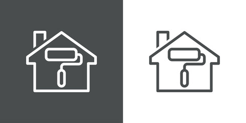 Logotipo con rodillo de pintura en contorno de casa con lineas en fondo gris y fondo blanco